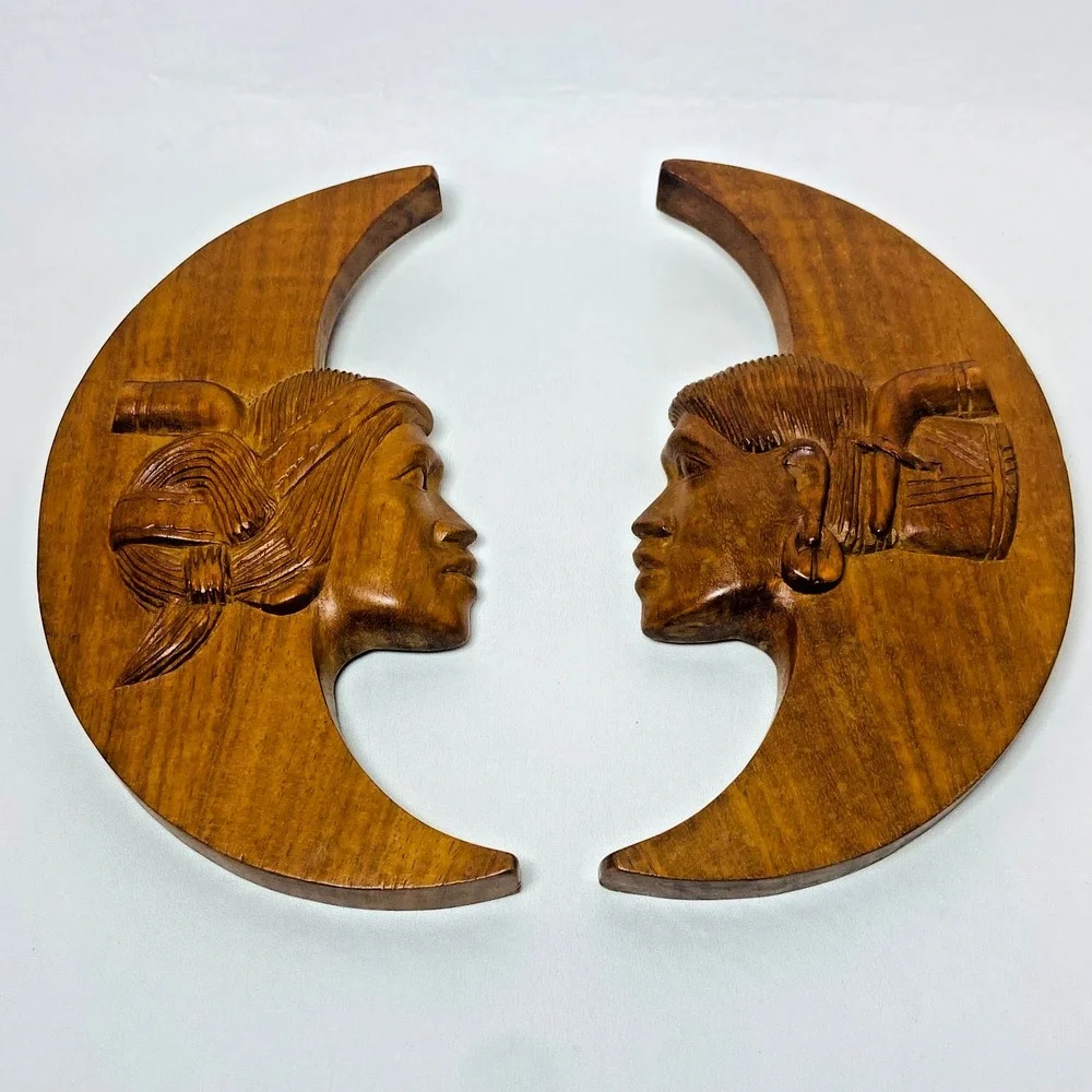 Vintage Pair‎ of Native American Indian Wooden Carved Moons Wall Hangings
